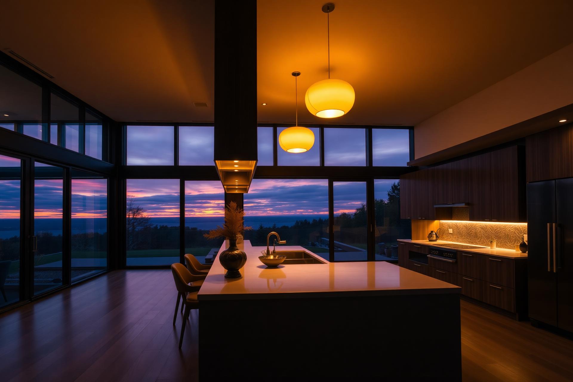 Cinematic luxury home interior at twilight